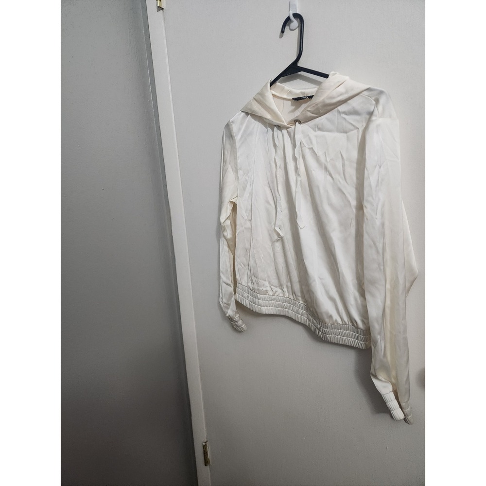 Express Womens Cream Satin Pullover Hoodie Smocked Hem Silky Top Size S